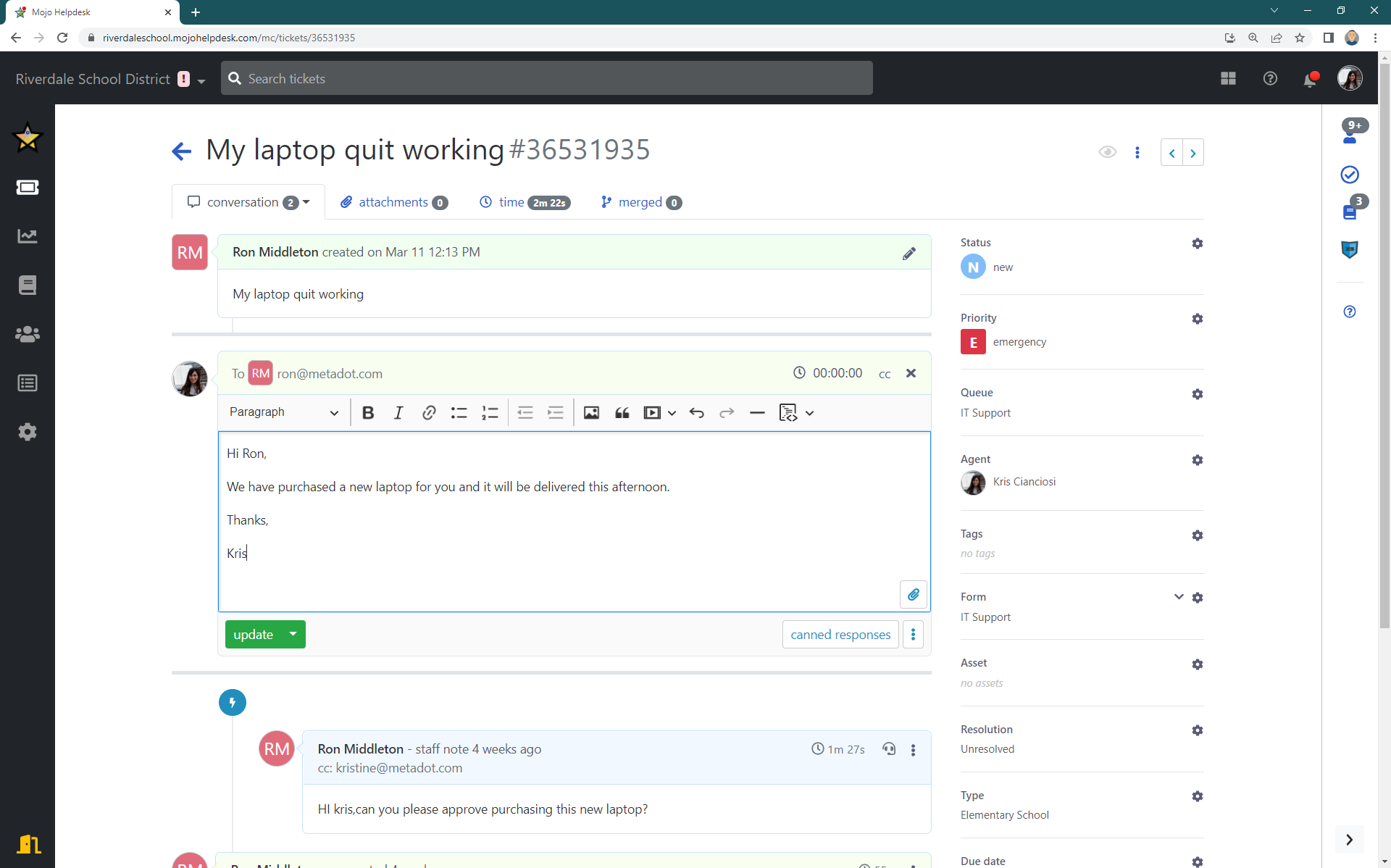 screenshot of Mojo Helpdesk